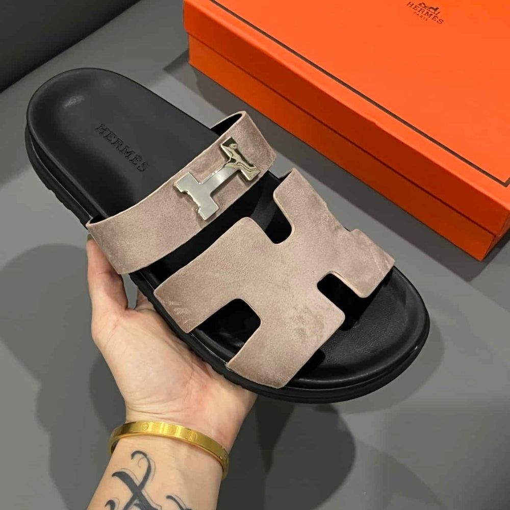 Hermes Chypre Sandal Suede H Logo Silver Hardware Light Brown