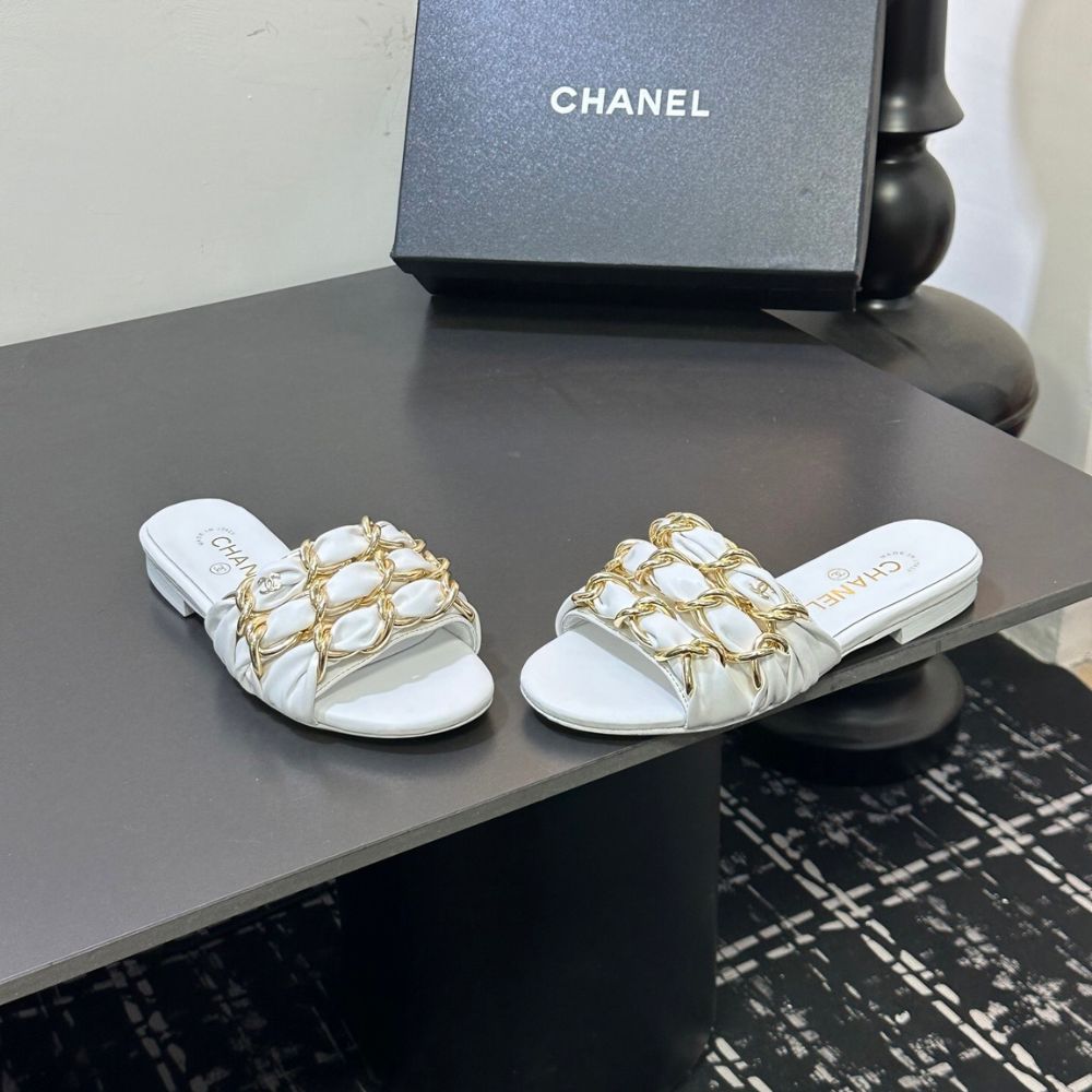 Chanel Slide Sandals Gold Chain White