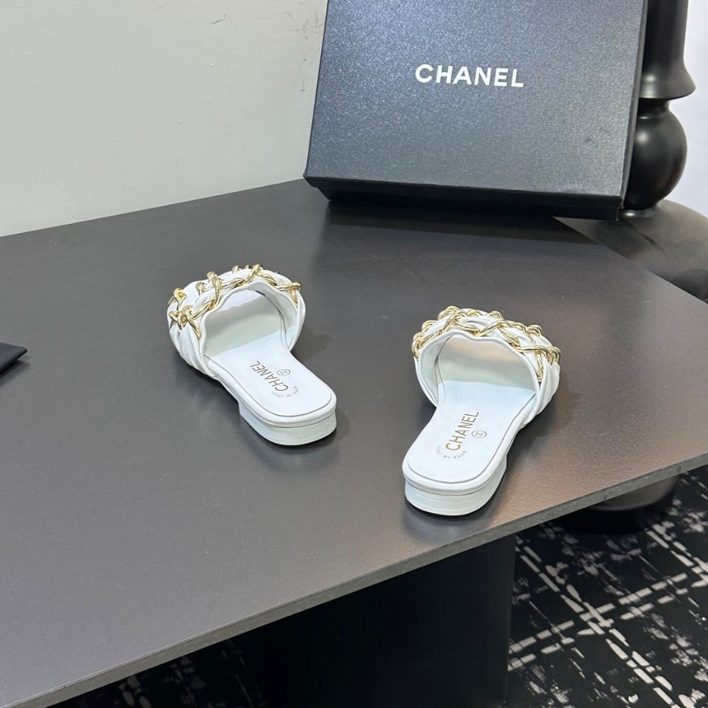 Chanel Slide Sandals Gold Chain White