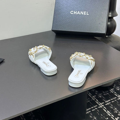 Chanel Slide Sandals Gold Chain White