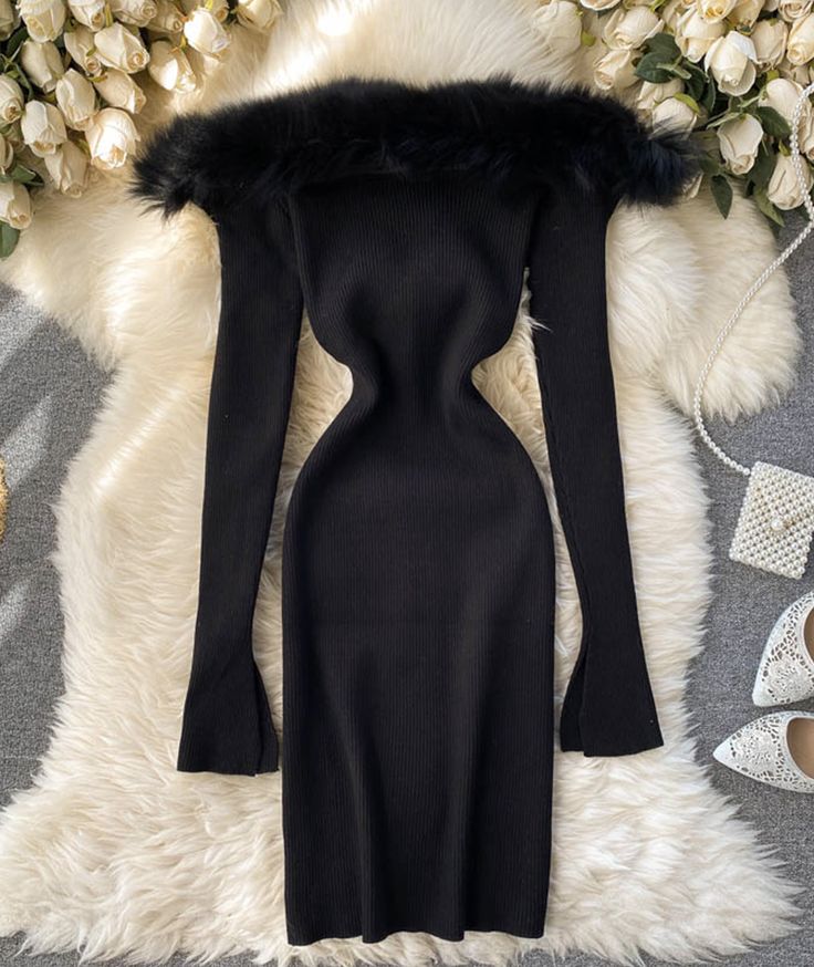 Black/white/gray autumn and winter fashion new sexy off-shoulder fashion fur collar slim hip knitted dress 11281