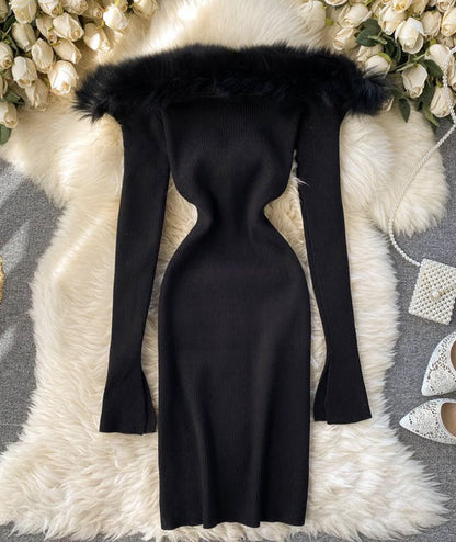 Black/white/gray autumn and winter fashion new sexy off-shoulder fashion fur collar slim hip knitted dress 11281