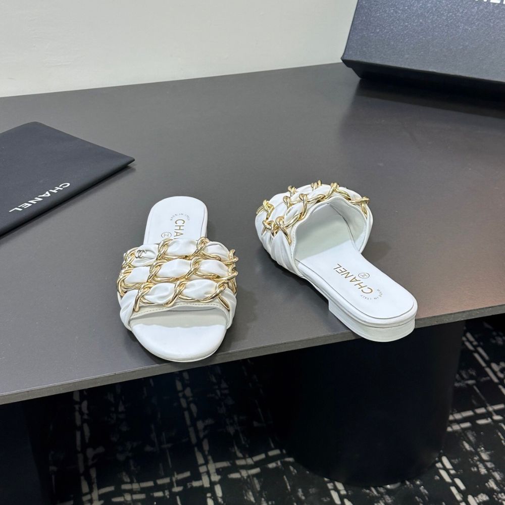 Chanel Slide Sandals Gold Chain White