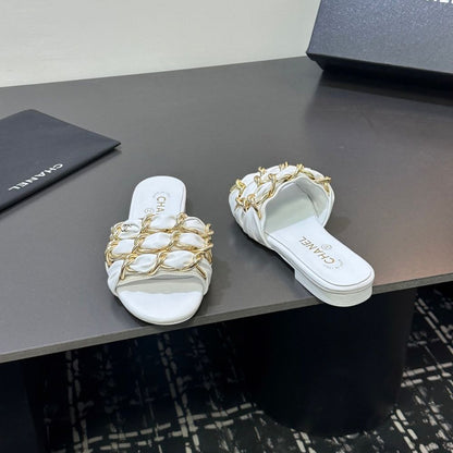 Chanel Slide Sandals Gold Chain White