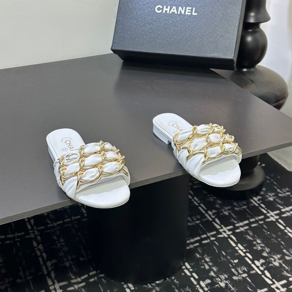 Chanel Slide Sandals Gold Chain White