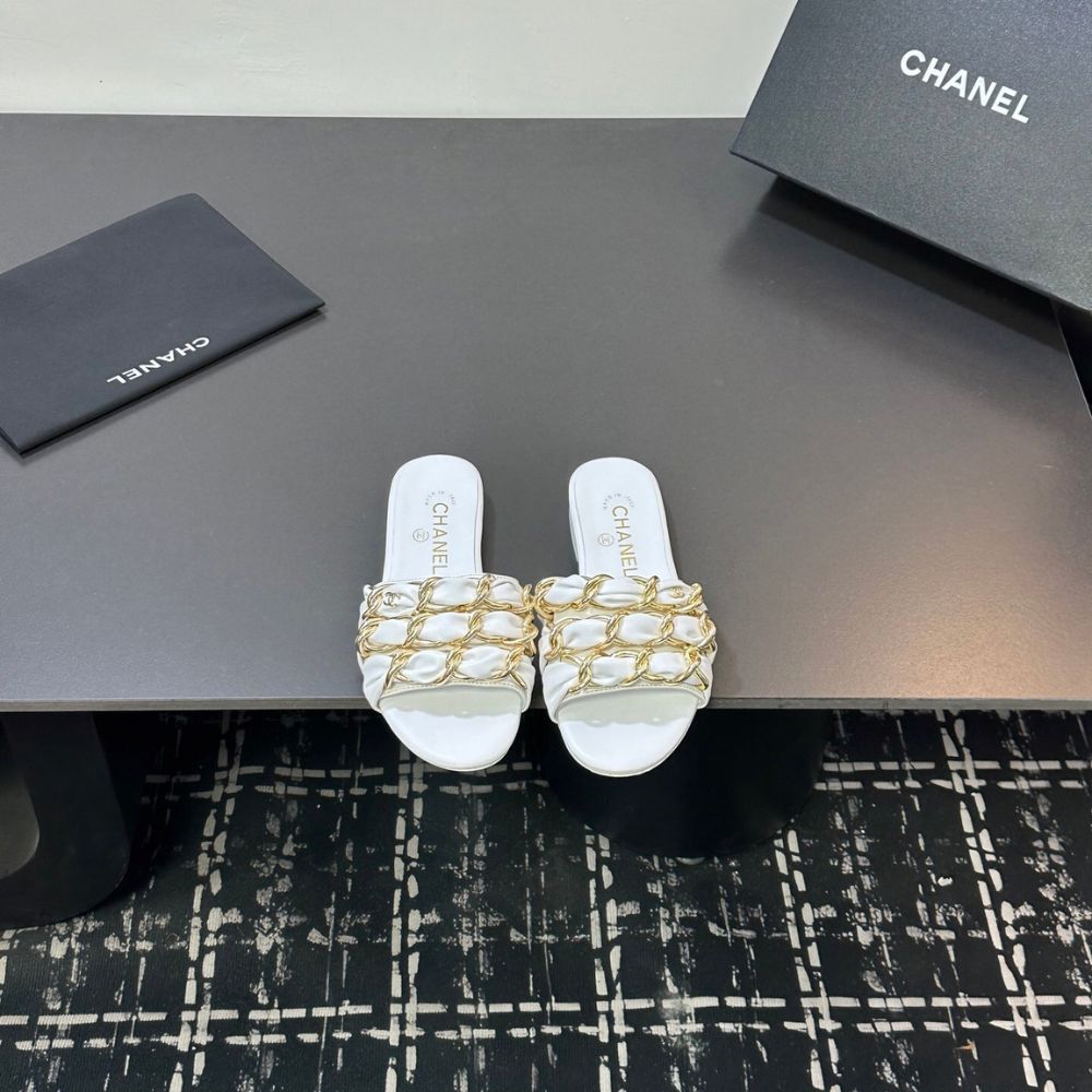 Chanel Slide Sandals Gold Chain White