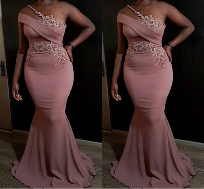 Sexy Blush Pink Arabic Aso Ebi Sexy Mermaid Prom Dresses Lace Applique Crystal Beaded Evening Gowns One Shoulder Formal Party Second Reception Robes c3488