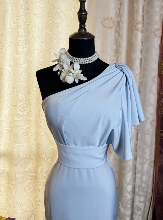 Classy One Shoulder Haze Blue Satin Pleated Mermaid Long Wedding Guest Dress Formal Birthday Evening Dress SP1618