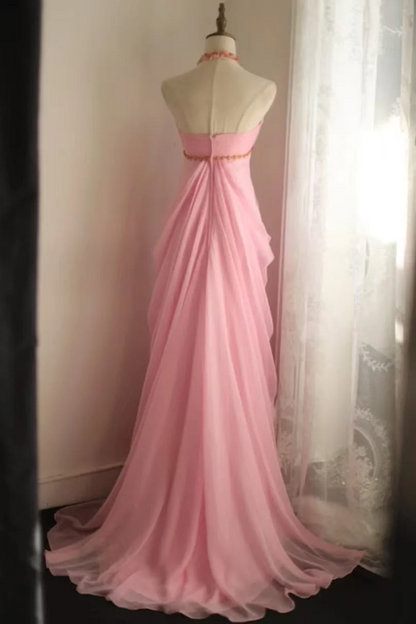 Pink halter neck high waist design long ball gown R6829