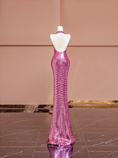 Light purple halter-neck sequined fitted waist bodycon sexy long ball gown, bridal dress R8390