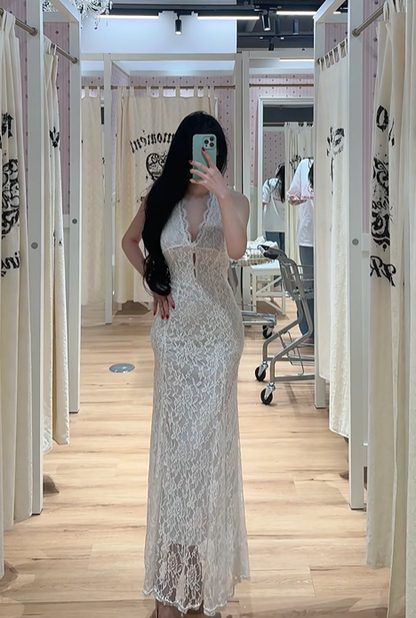 White halter-neck lace fitted waist elongated ball gown R7896