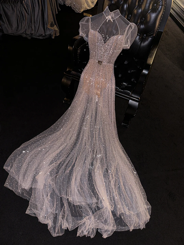 Light pink sequined fitted long ball gown/bridal dress R8816