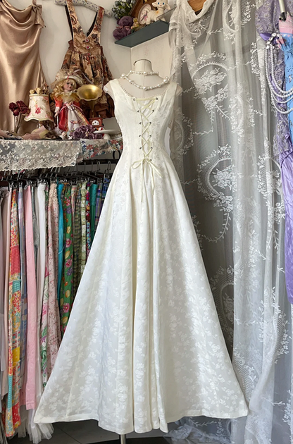White suspender waist slim satin A-line maxi ball gown R6150