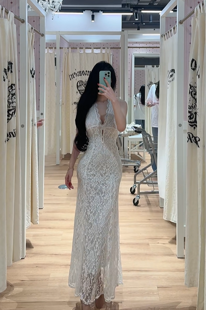 White halter-neck lace fitted waist elongated ball gown R7896