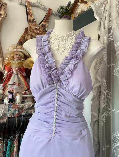 Purple halter-neck fitted long dress, ball gown R6349