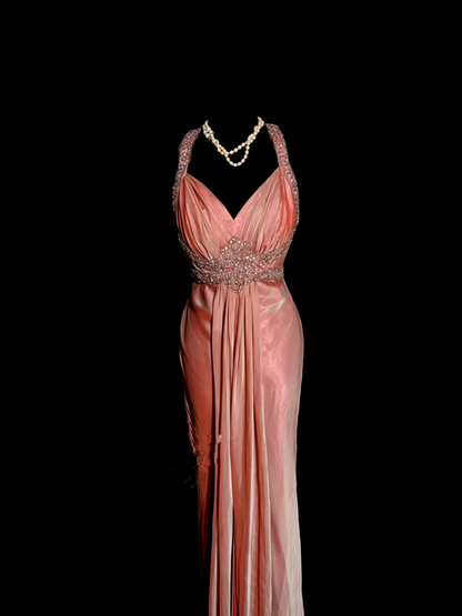 Orange halter-neck fitted backless sexy long ball gown R6670
