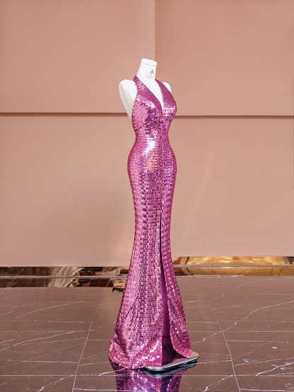 Light purple halter-neck sequined fitted waist bodycon sexy long ball gown, bridal dress R8390