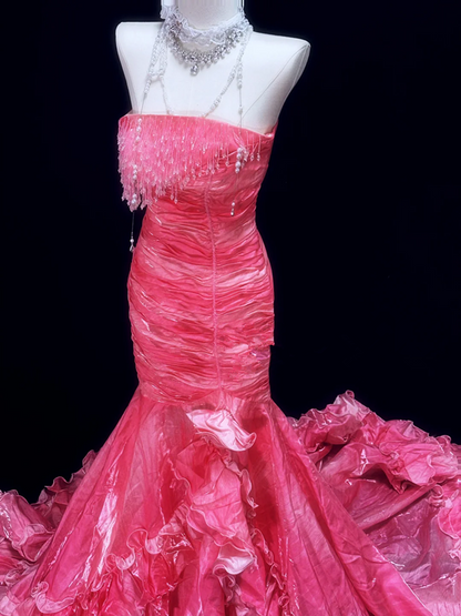 Pink strapless fitted mermaid skirt long ball gown R8693