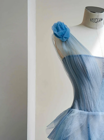 Blue one-shoulder slim waist cake skirt long dress, prom dress R5675