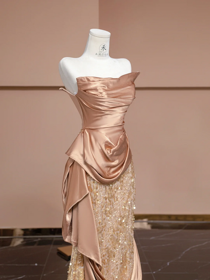 Rose gold strapless, fitted, bodycon, sexy long ball gown/bridal dress R8328