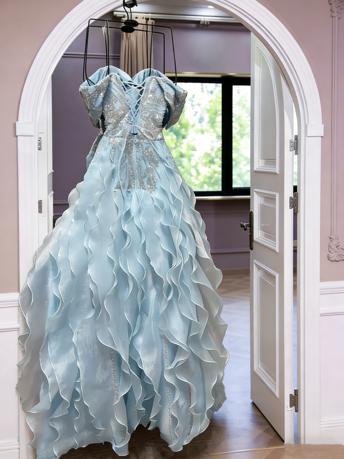Elegant Off The Shoulder Blue Organza Ruffles Sequin Beaded Mermaid Evening Dress Long Birthday Prom Dress SP1730