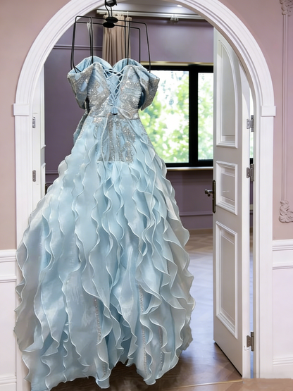 Elegant Off The Shoulder Blue Organza Ruffles Sequin Beaded Mermaid Evening Dress Long Birthday Prom Dress SP1730