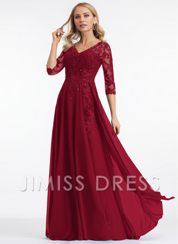 A-line V-neck floor mopping lace chiffon with sequins, mother of the bride dress