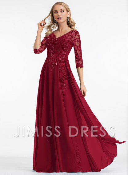 A-line V-neck floor mopping lace chiffon with sequins, mother of the bride dress