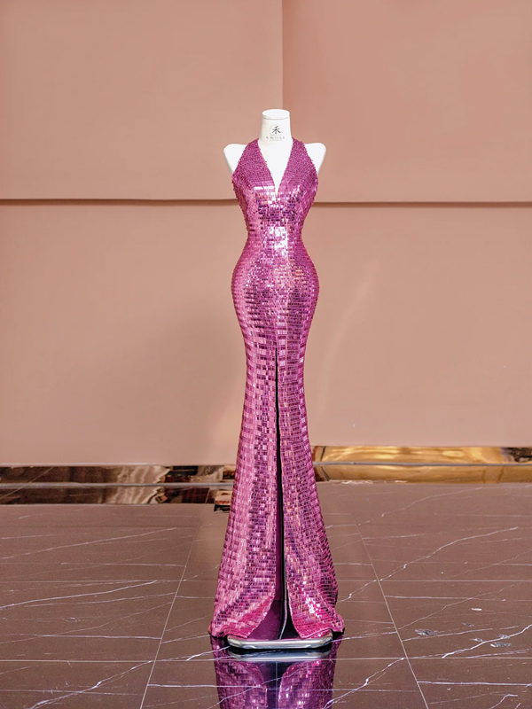 Light purple halter-neck sequined fitted waist bodycon sexy long ball gown, bridal dress R8390