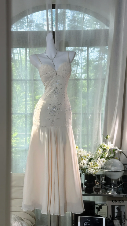 Champagne white halter-neck fitted long ball gown R7625