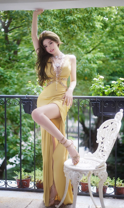 Yellow V-neck fitted waist slim-fit sexy slit long ball gown R7069