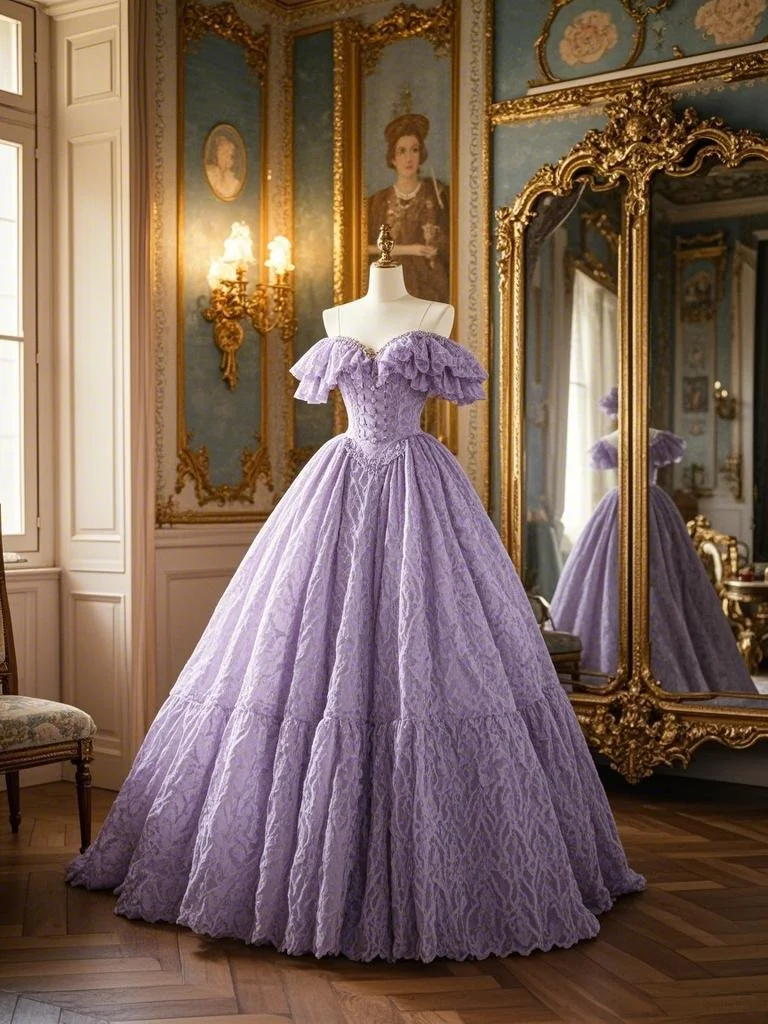 Light purple off-the-shoulder waist-cinching slim-fit ballgown prom dress R7936