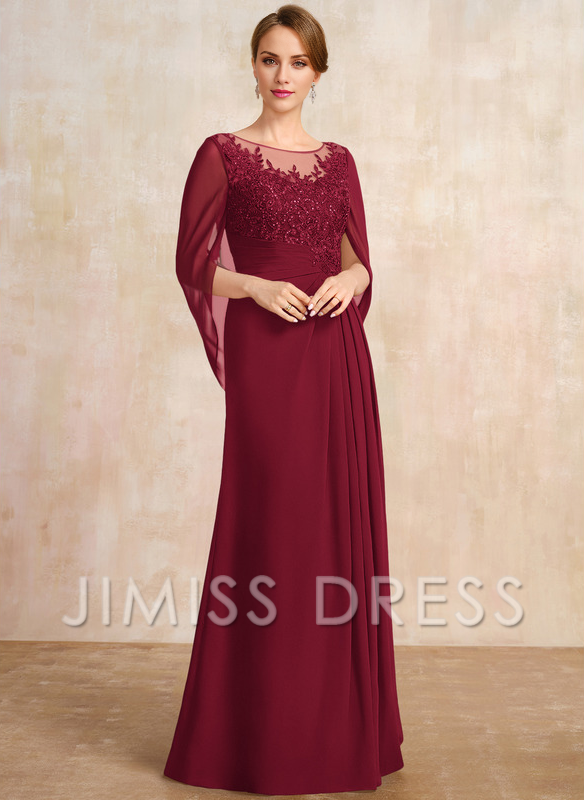 A-shaped Scoop Illusion floor lace chiffon with sequins and pleats, mother of the bride dress