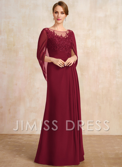 A-shaped Scoop Illusion floor lace chiffon with sequins and pleats, mother of the bride dress
