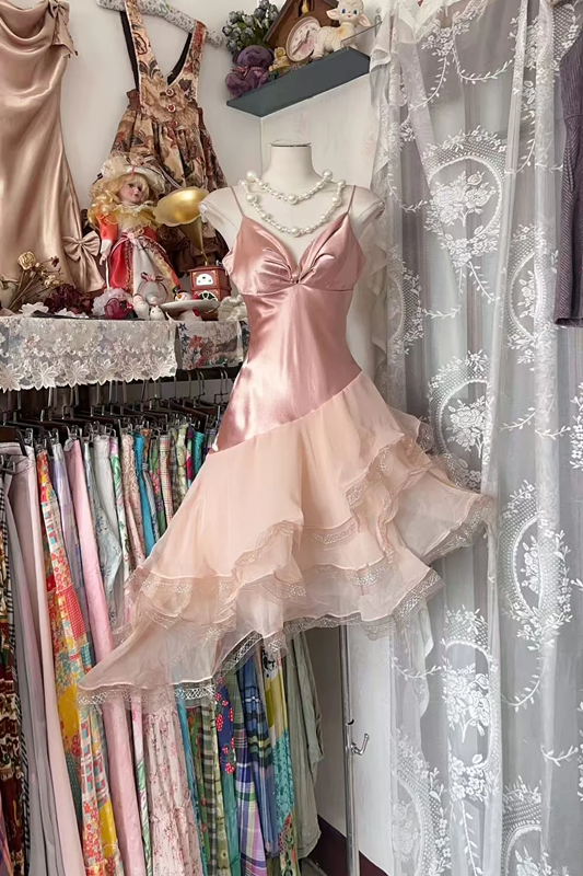 Champagne pink halter-neck fitted slim-fit short ball gown with irregular hem R7856