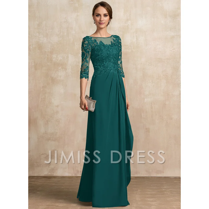 A-shaped Scoop Illusion floor mopping chiffon lace ribbon bead sequins layered ruffles mother of the bride dress