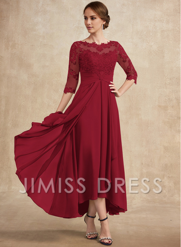 A-line hollow illusion asymmetrical lace chiffon belt with layered ruffles mother of the bride dress
