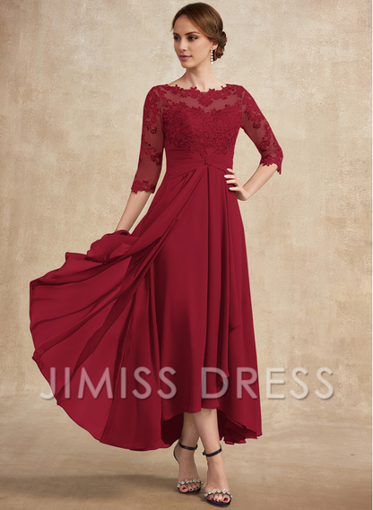 A-line hollow illusion asymmetrical lace chiffon belt with layered ruffles mother of the bride dress