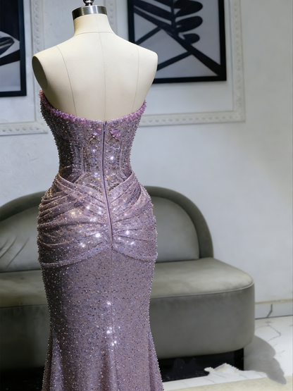 Vintage Sequin Strapless Mermaid Gown Sweetheart High Slit Evening Dress TP5717
