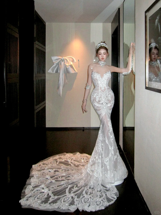 Elegant Glittering Beaded Sequined Applique Sweetheart Design Mermaid Wedding Dress TP4231