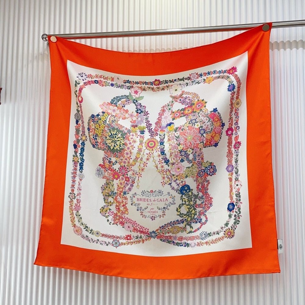 Hermes Brides De Gala En Fleurs Scarf 90Cm Vermillon H004192S 04