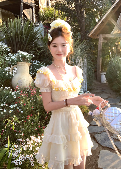 Yellow square neck puff sleeve waist dress summer French retro temperament skirt R4869