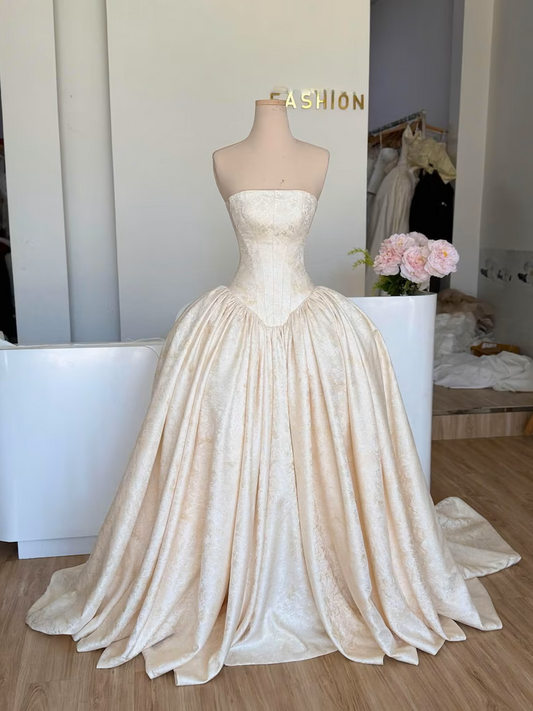 Elegant Champagne Strapless Jacquard Satin A-Line Wedding Dress TP5925