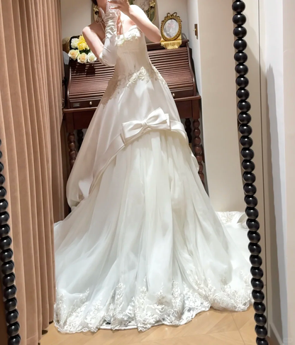 Gorgeous Satin Strapless Bow Lace Embroidery A-Line Wedding Dress TP5406