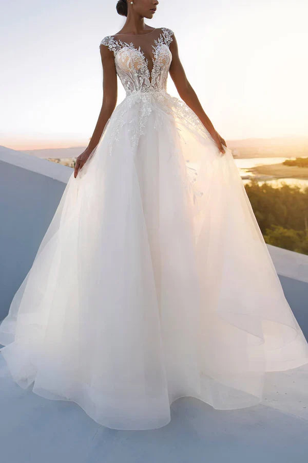 A-line illusion collar lace decal rural wedding dress