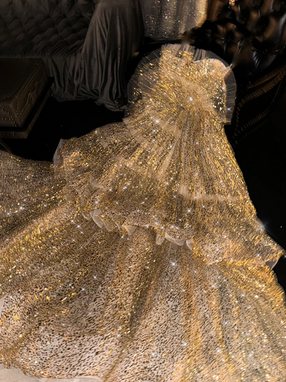 Gold sequined, fitted waist, cake skirt, long ball gown/bridal dress R8727