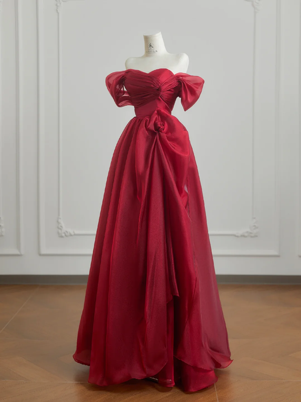 Red off-the-shoulder fitted waist ball gown with a full skirt R8215