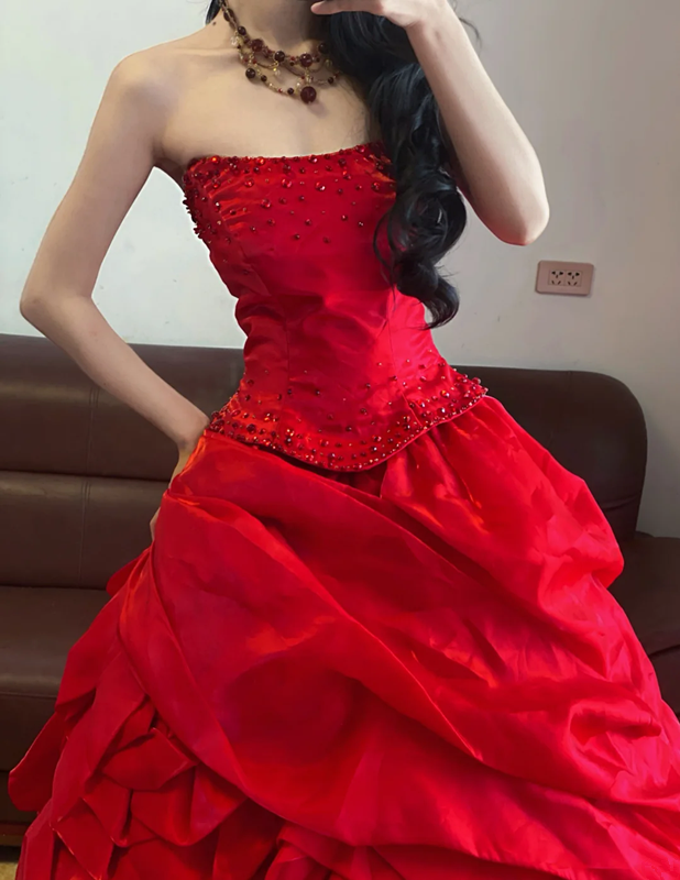 Red Strapless Waist-Cinched Puff-Skirt Ball Gown & Bridal Gown R7392