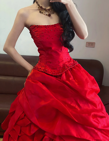 Red Strapless Waist-Cinched Puff-Skirt Ball Gown & Bridal Gown R7392