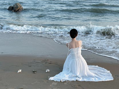 White spaghetti‑strap waist‑cinched long elegant prom gown R8016